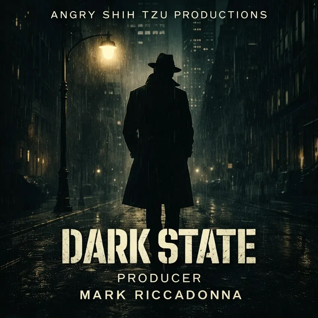 Dark State artwork showing a lone figure in a rain-soaked city